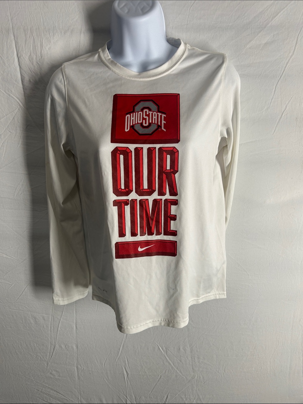 Nike White Long Sleeve Tee with Red Ohio State "OUR TIME" Graphic
